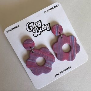 Handmade Polymer Clay Pink Purple Blue Marbled Retro Daisy Statement Earrings